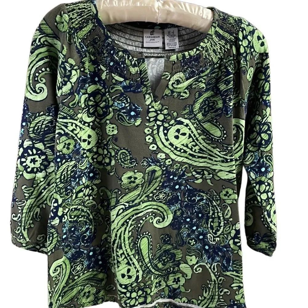CARIBBEAN JOE Ladies Scoop Neck Paisley Print Blouse Top, Green/Black, Size S